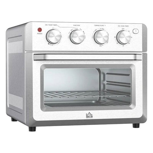 Silver stainless steel 7-in-1 toaster oven with air fryer basket and glass window.

