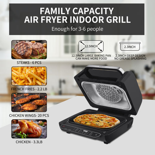 Air fryer indoor grill with cyclonic grilling technology, cooking options and specifications on a kitchen background.