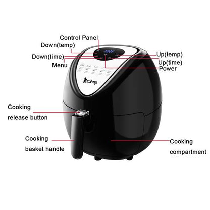 Black air fryer with labeled parts on a white background