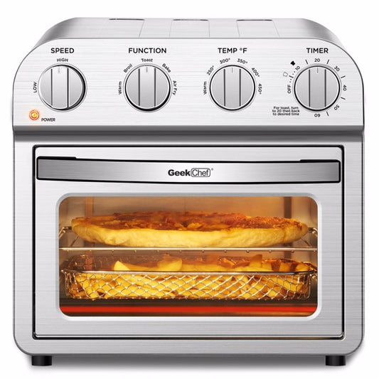 Geek Chef stainless steel 10.6 QT air fryer toaster oven with baking tray, basket, and wire rack.

