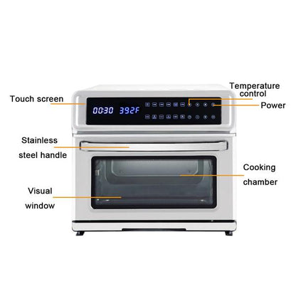 Stainless steel air fryer oven with labeled parts on a white background