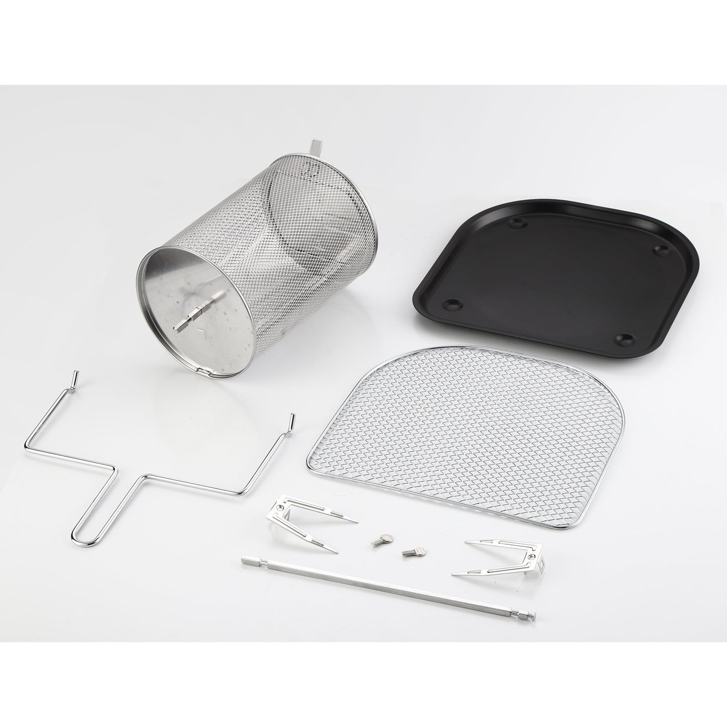 Touch screen air fryer, metal kitchen utensils including a mesh strainer, lid, and other components on a white background.