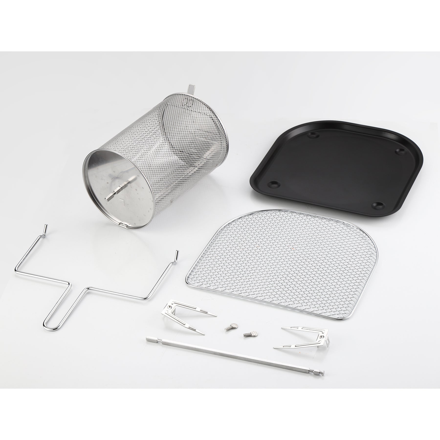 Touch screen air fryer, metal kitchen utensils including a mesh strainer, lid, and other components on a white background.