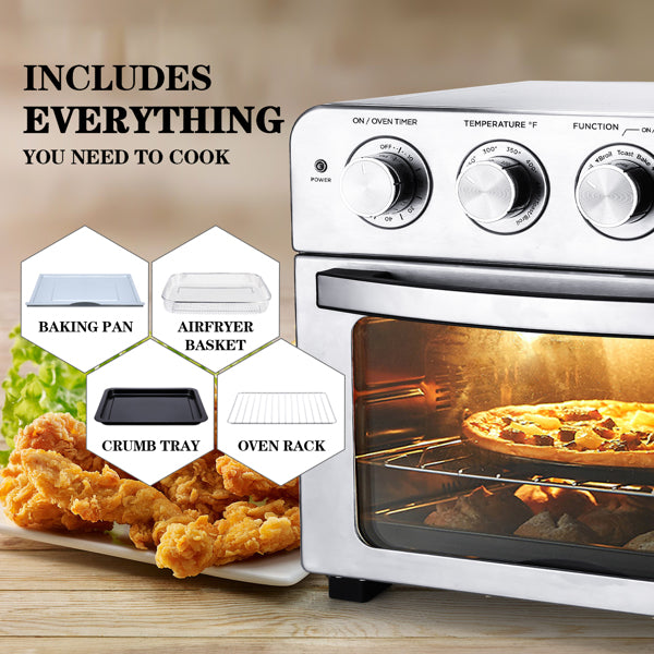 Versatile air fryer oven with pizza inside, surrounded by cooking accessories and text 'INCLUDES EVERYTHING YOU NEED TO COOK'.