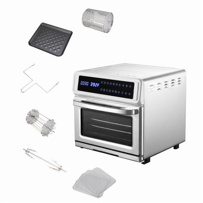 ZOKOP 20L stainless steel air fryer oven with touchscreen, rotisserie, and dehydrator accessories.

