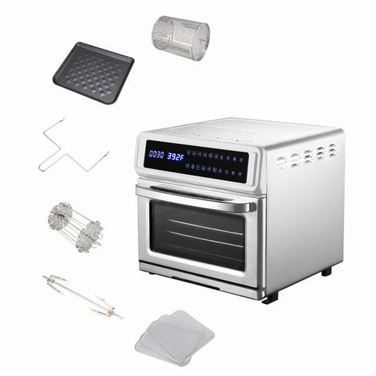 ZOKOP 20L stainless steel air fryer oven with touchscreen, rotisserie, and dehydrator accessories.

